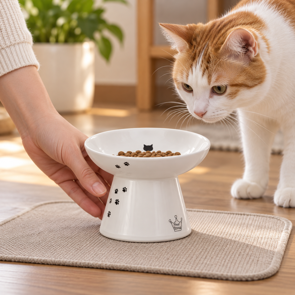 White Ceramic Elevated Cat Bowl – Wide & Shallow Design